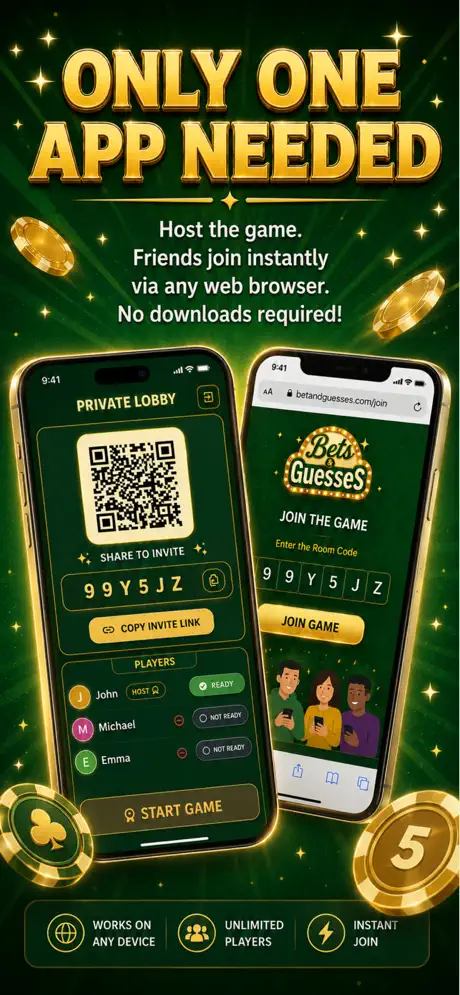 Bets & Guesses private lobby and browser join screens